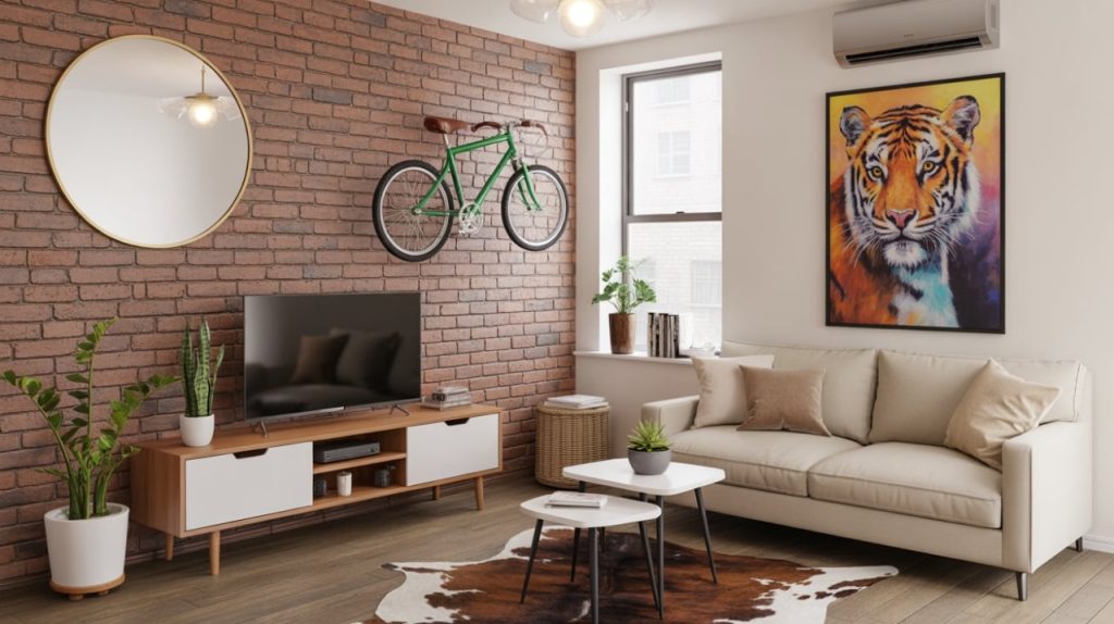 Neutral beige TV room with a sectional sofa