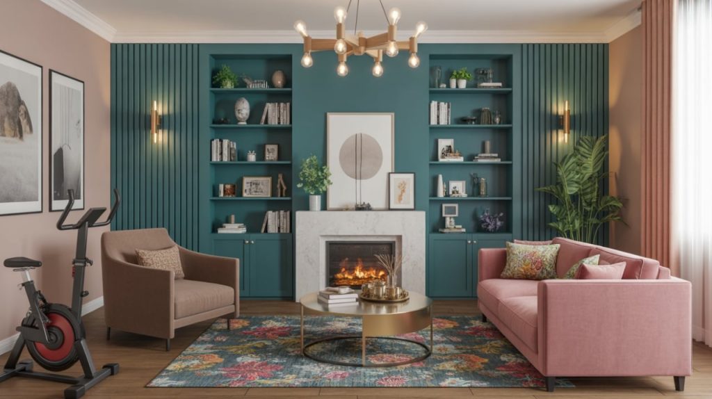 TV room with family photos and personal décor