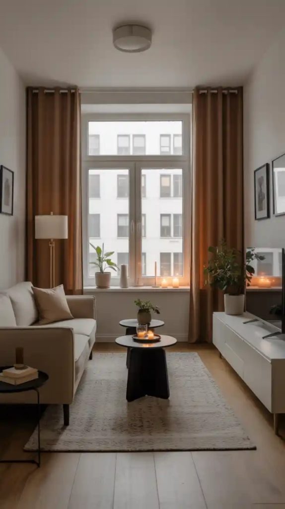 Cozy corner with blackout curtains and TV unit