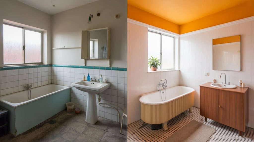 Bathroom with textured wallpaper accent wall