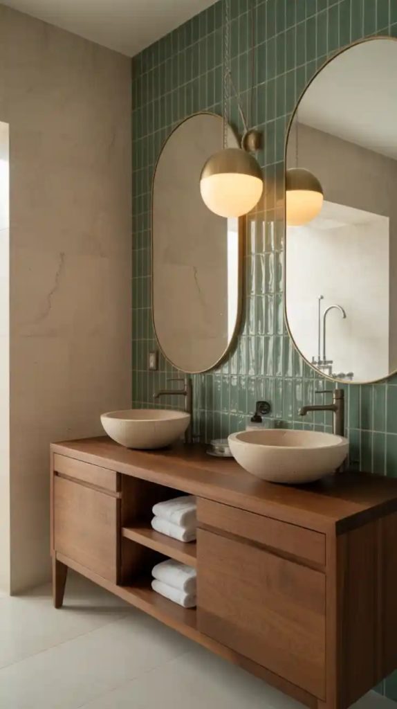 Half-wall emerald green tiles with neutral paint