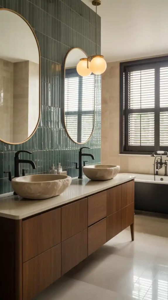 Emerald green vessel sink with brass faucet