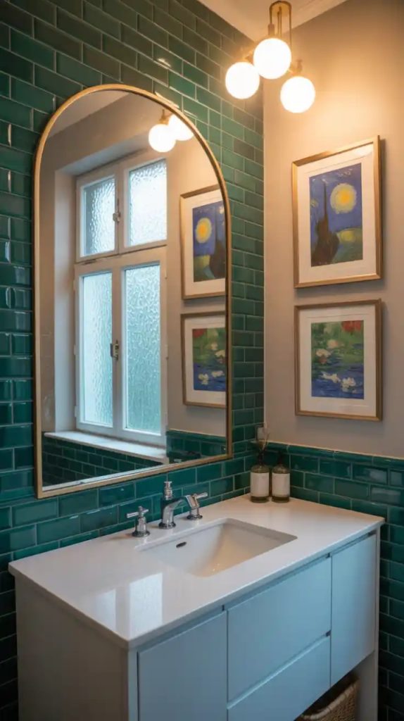 Emerald green botanical wallpaper in bathroom