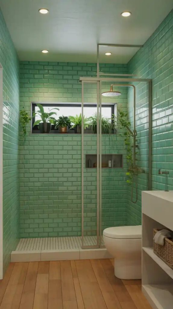 Ceiling painted emerald green in modern bathroom