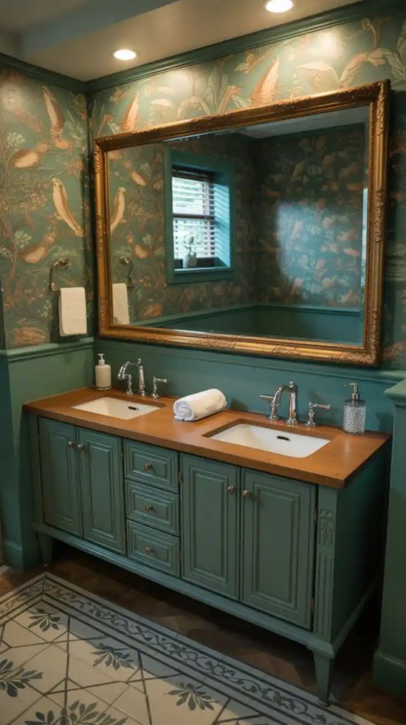 Spa-style bathroom with emerald green bathtub