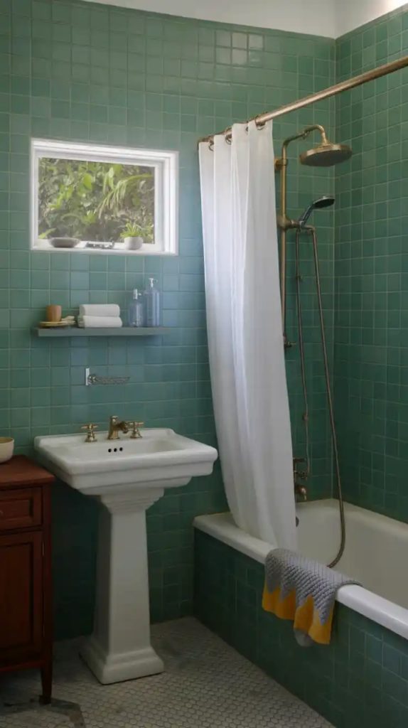 Luxurious emerald green subway tiles in shower