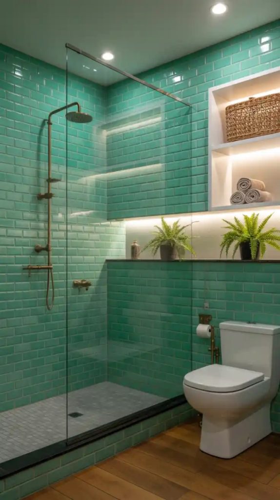 Emerald green bathroom with accent wall