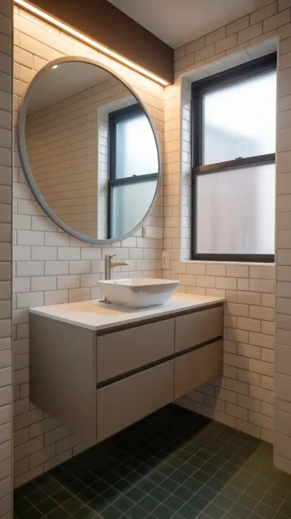 Navy powder room with gold accents
