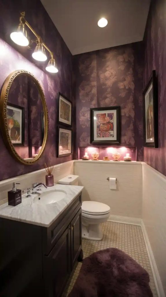 Boho powder room with patterned tile floor