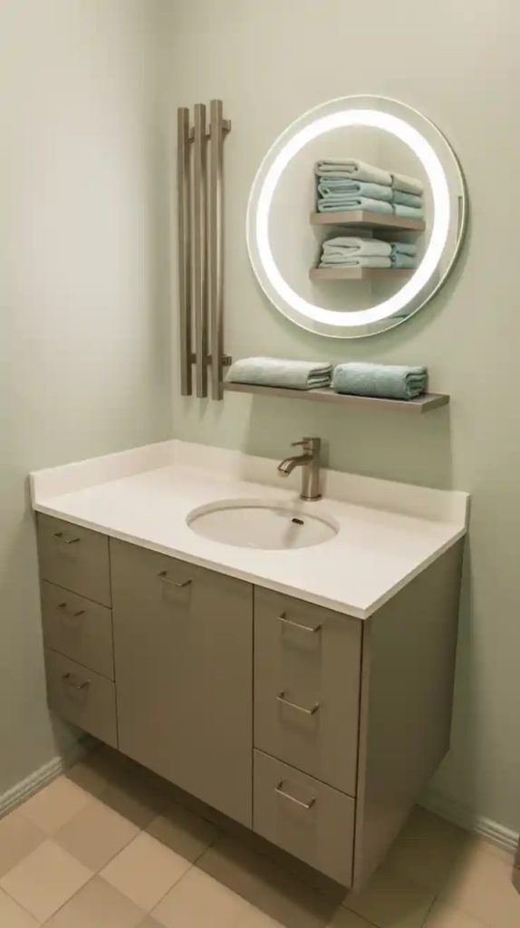 Luxurious marble vanity in small bathroom