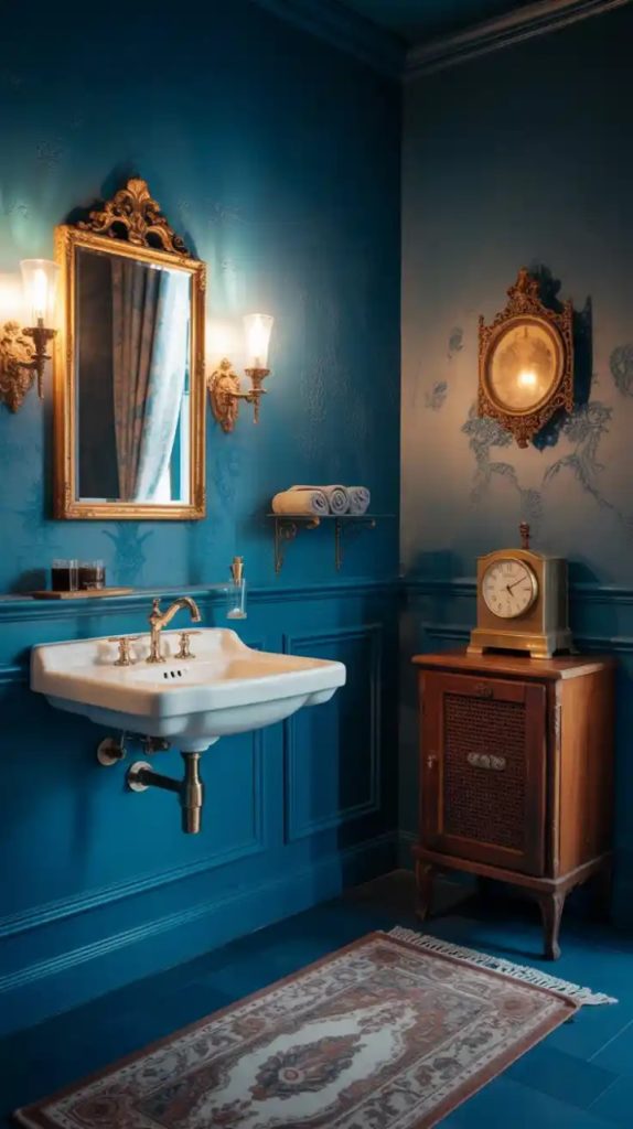 Coastal powder room with blue shiplap walls