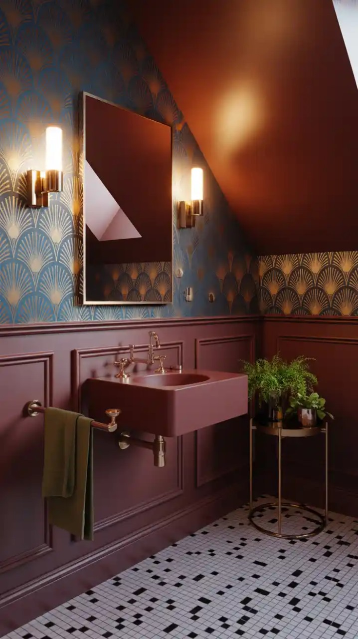 Small bathroom makeover with statement chandelier