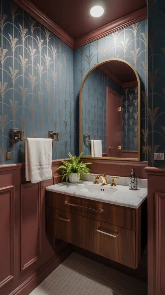 Vintage-inspired powder room with floral wallpaper