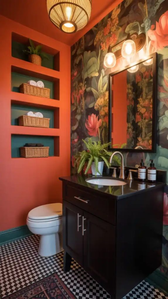 Artistic mural on powder room wall