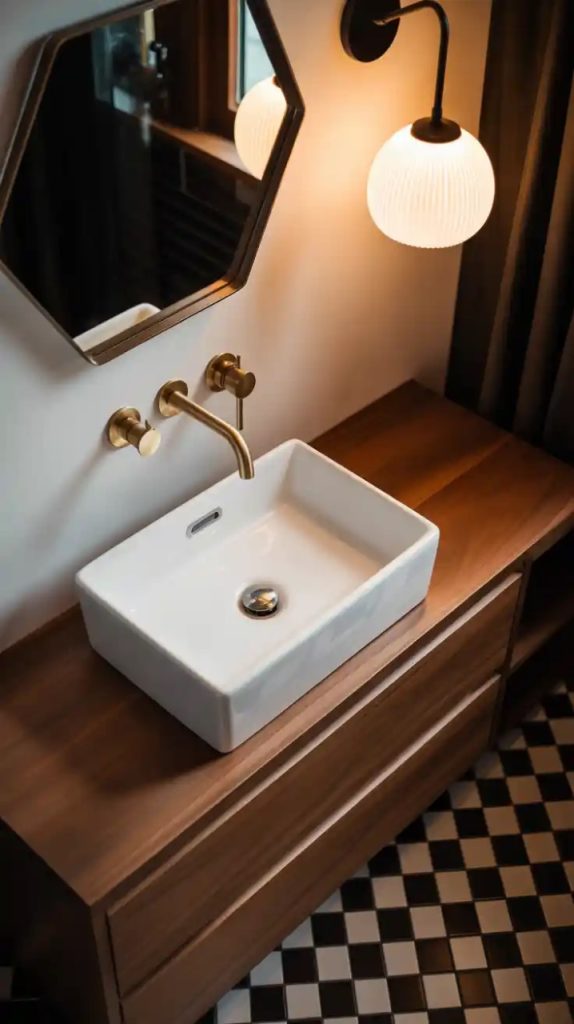 Farmhouse powder room with rustic wood vanity