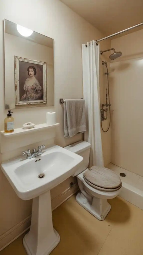 Natural powder room with stone sink and greenery
