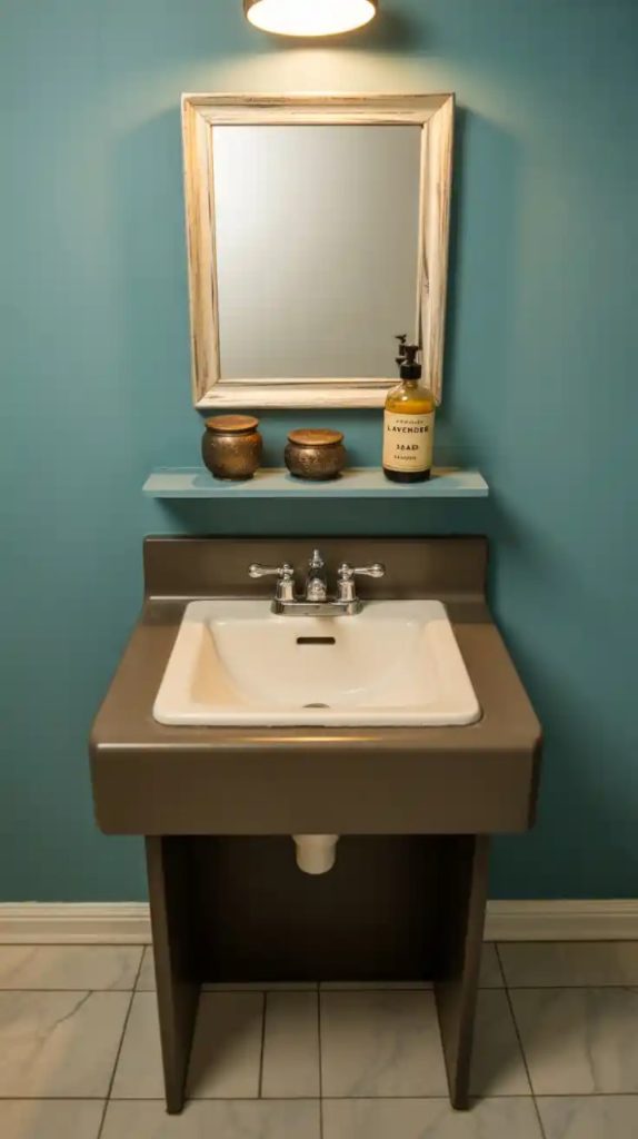Retro powder room makeover with patterned tile