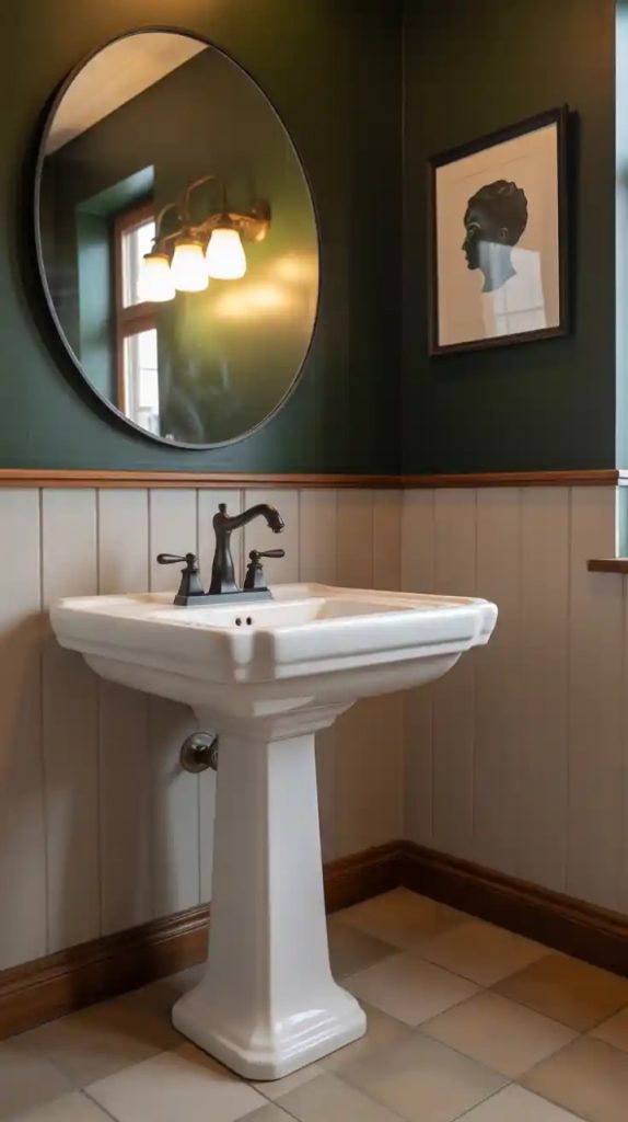 Dramatic powder room with dark green paint