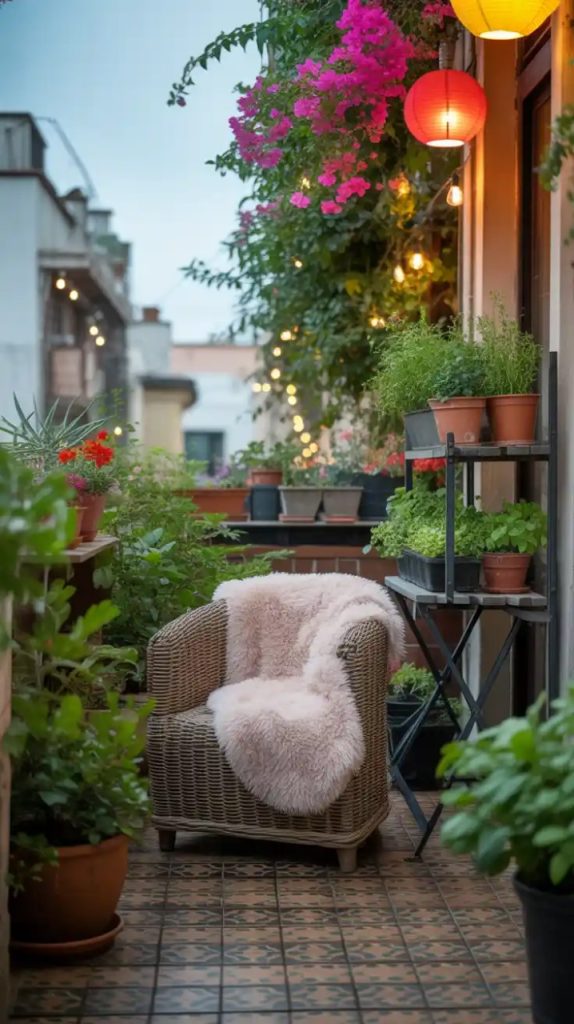 Compact balcony herb garden in tiered planters