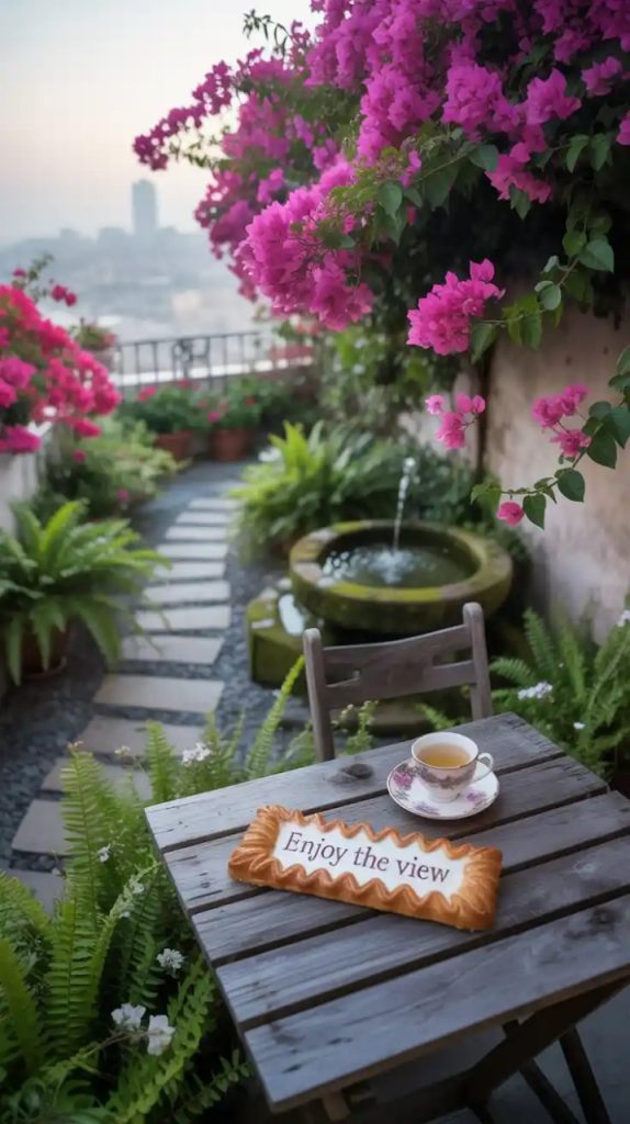 Balcony water feature with plants around