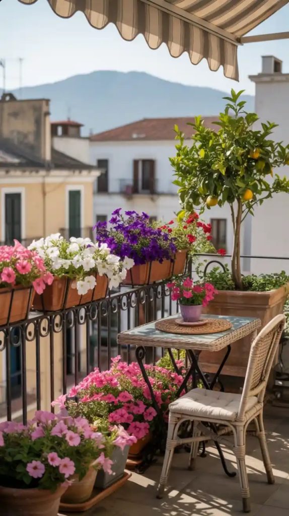 Modern balcony with outdoor rug and plants