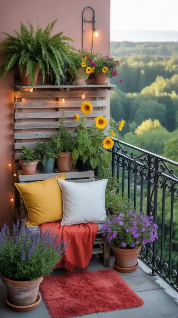 Minimalist Zen balcony with bamboo and pebbles