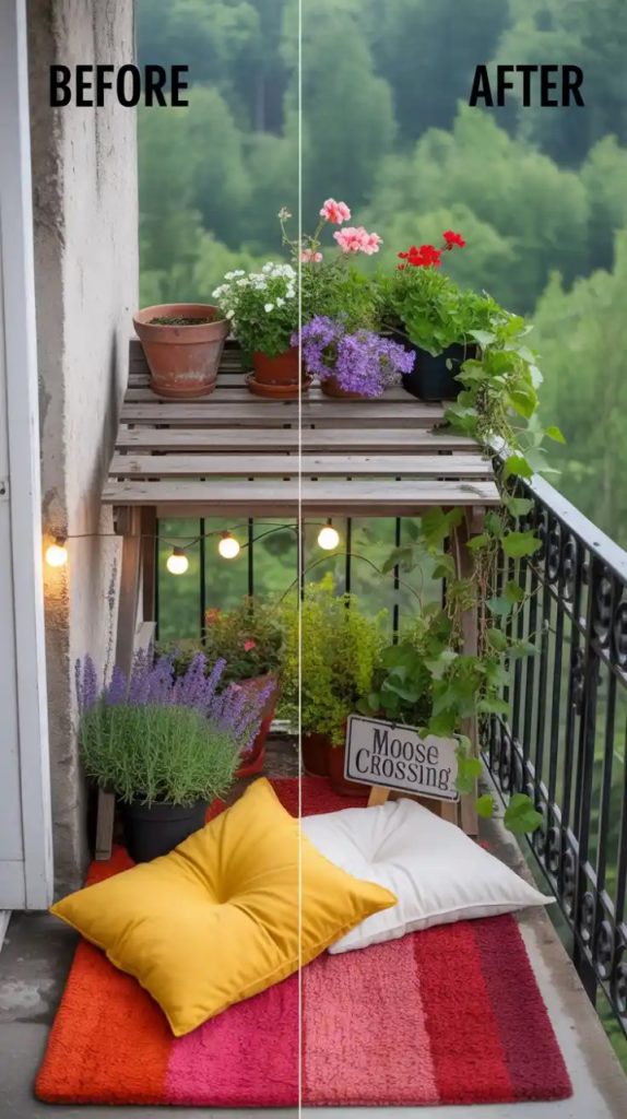 String lights and plants on a night balcony