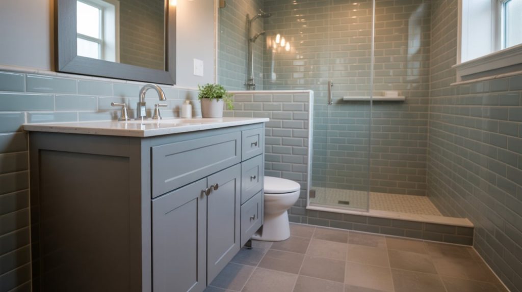 Eco-friendly small bathroom with bamboo vanity