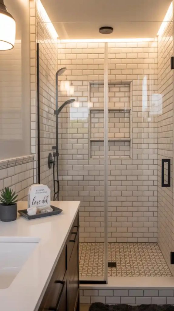 Rustic farmhouse small bathroom with wooden vanity