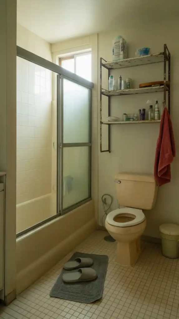 Accent wall in small bathroom makeover with bold tiles