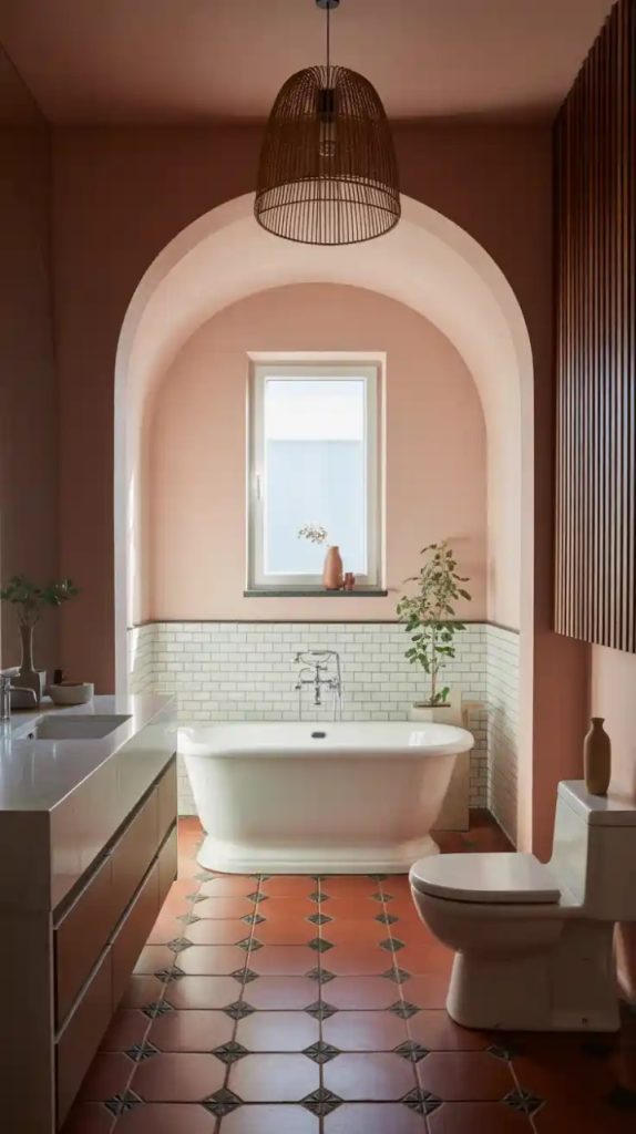 Modern small bathroom remodel with frameless mirror
