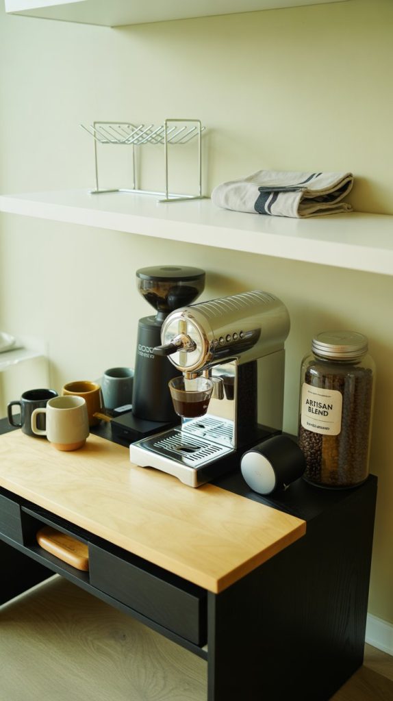 Organized coffee bar with tiered trays, labeled jars, and hung mugs.