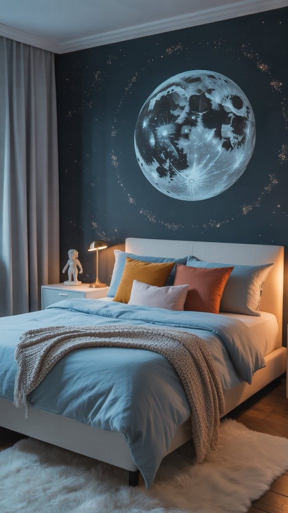 Hanging planets mobile over crib in boys room