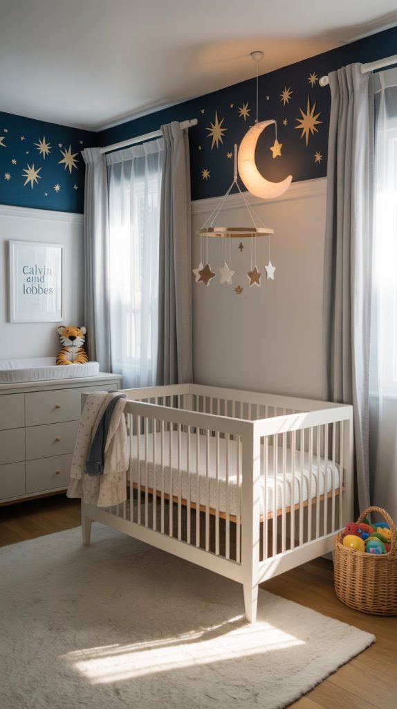 Rocket ship mural wall art in boys bedroom