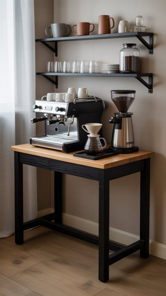 Coffee bar with thrift store shelves, trays, and vintage mugs.