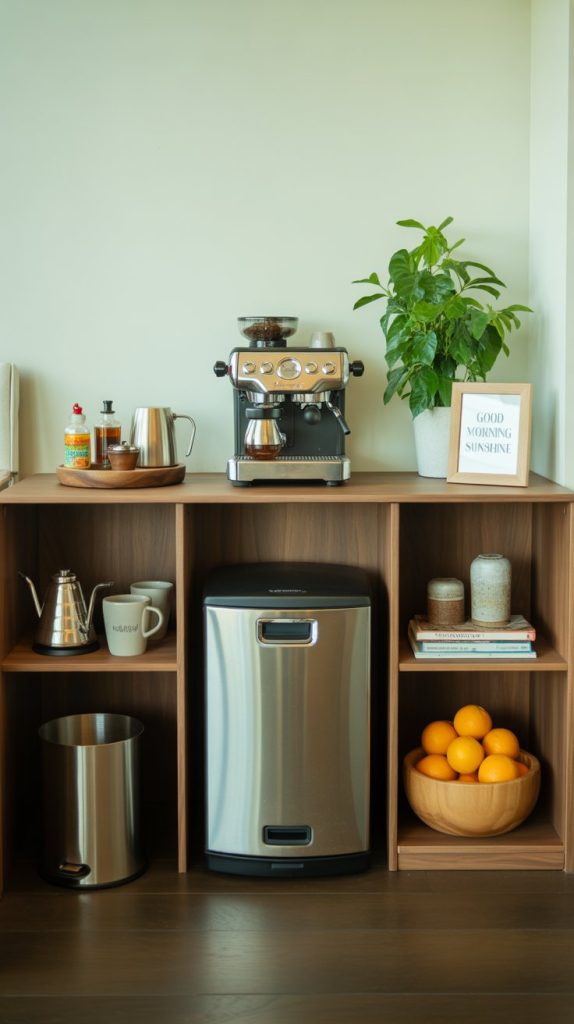 DIY coffee bar with floating cabinets, storage, and LED strip lighting.