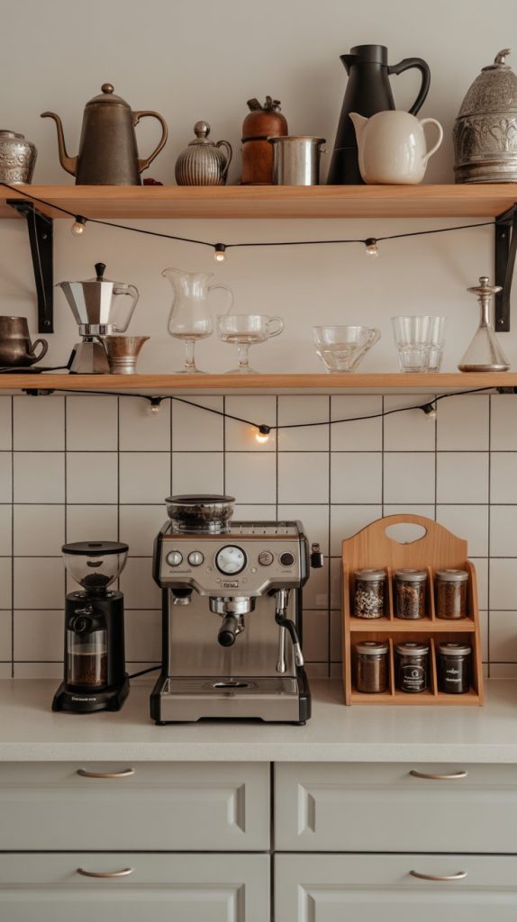 Sleek Scandinavian coffee station with white shelf, mugs, and compact machine.