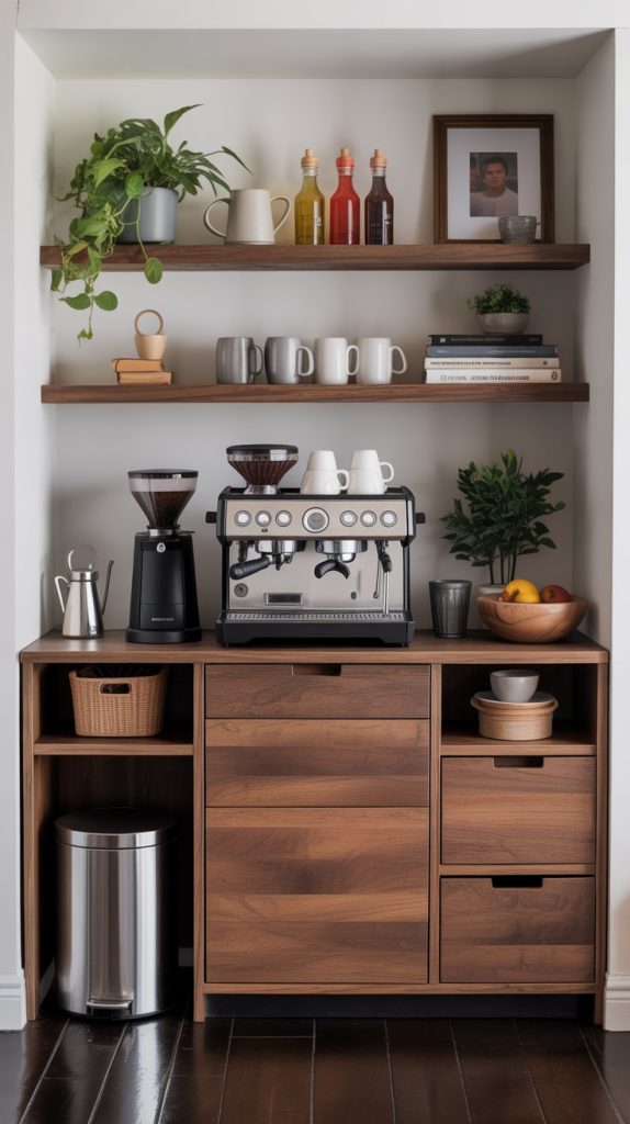 Small coffee bar with tray, repurposed shelf, and basic coffee maker.
