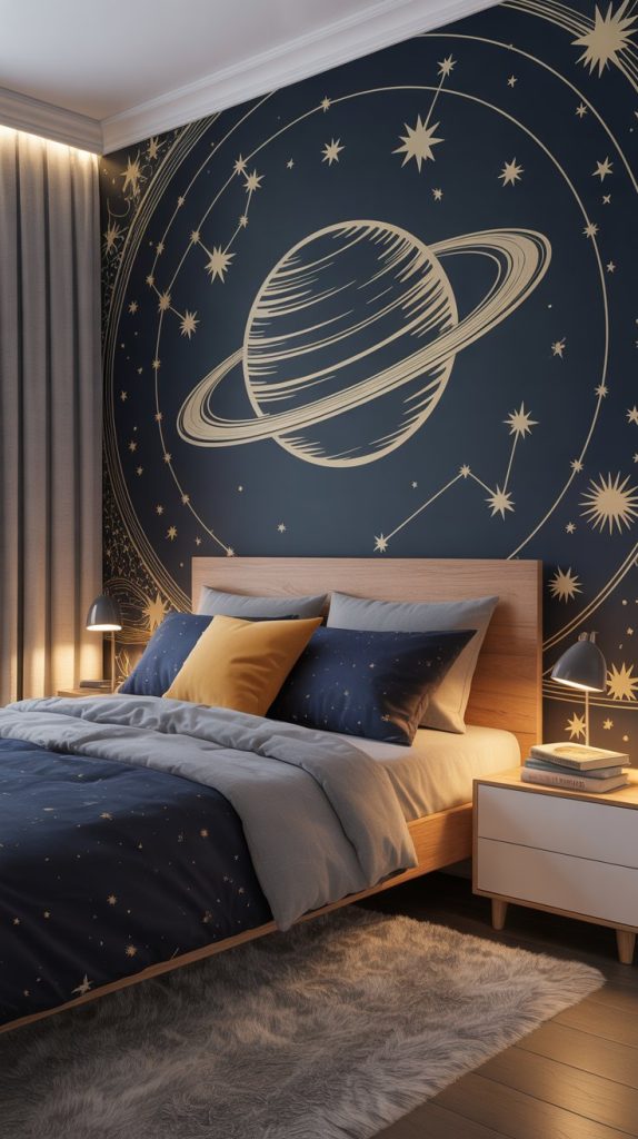 Planet inspired bedding for boy toddler space room