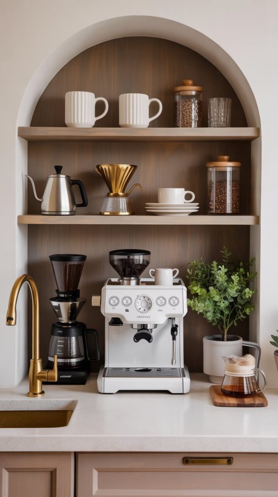 Tiny apartment coffee bar with tray, sink shelf, or mini cart.