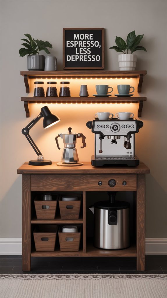 Mini coffee nook in pantry with cleared shelf, coffee machine, and jars.