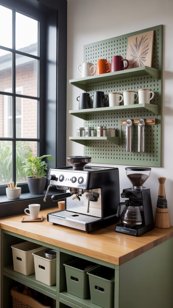 Cozy farmhouse coffee bar with rustic shelves, mason jars, and chalkboard signs.