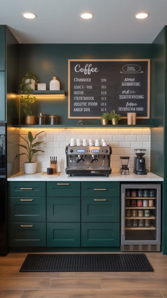 Chic coffee bar with repurposed bookshelf, baskets, mugs, and coffee machine.