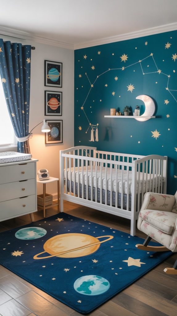 Starry night bookshelf for space themed toddler room