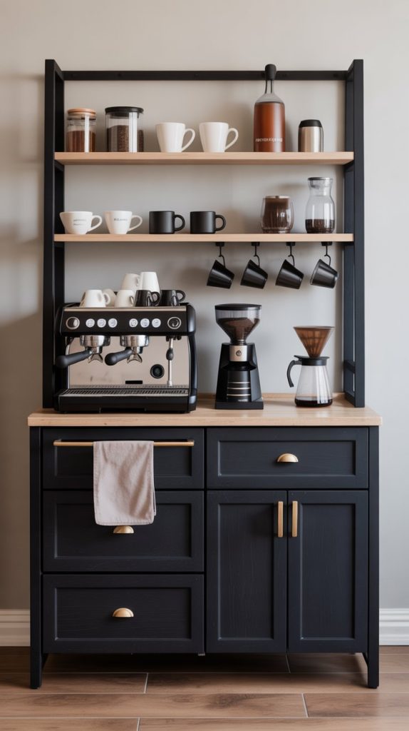 Budget-friendly coffee bar with dollar store baskets and jars.