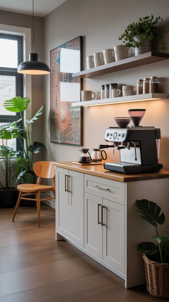 Coffee station with stylish glass jars for coffee beans and syrups.