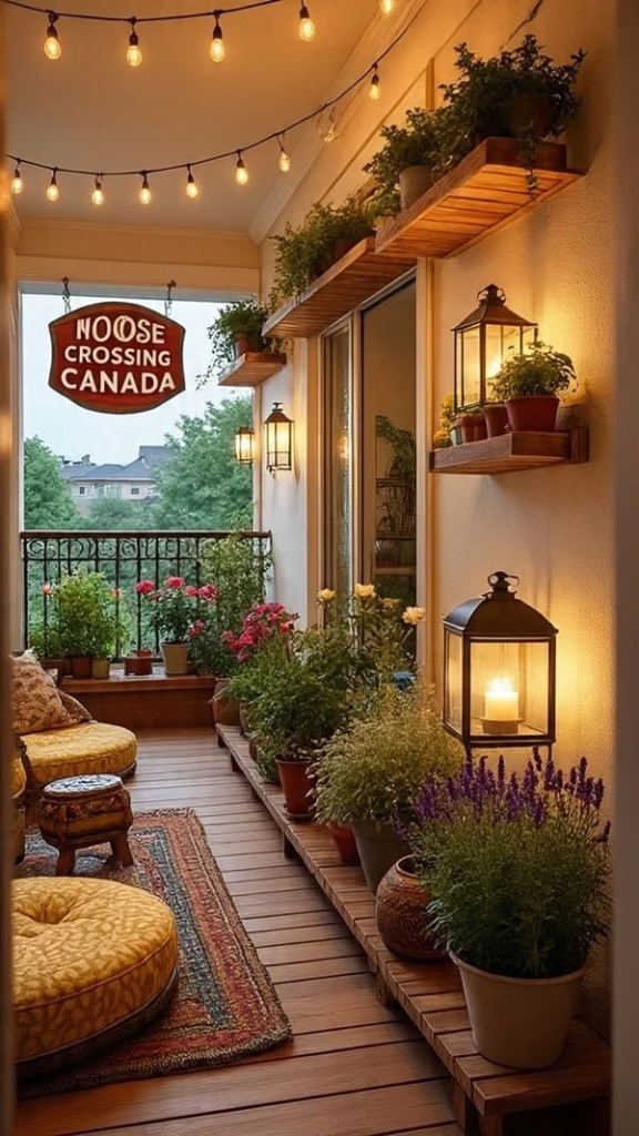 Small boho balcony design with poufs and rugs