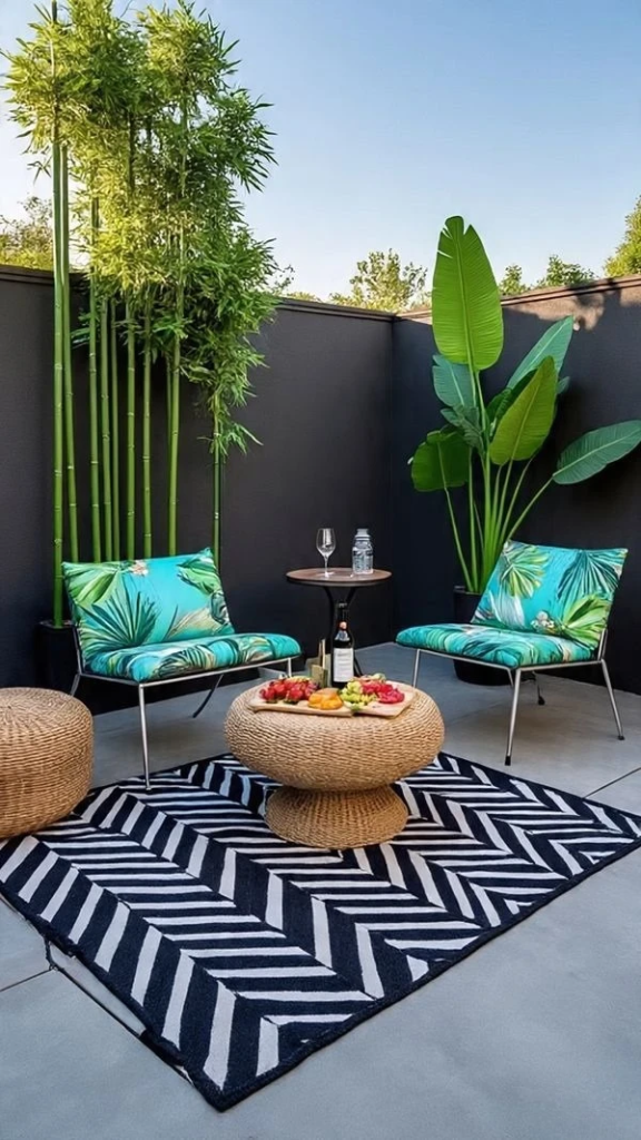 Cozy boho balcony with layered rugs and cushions
