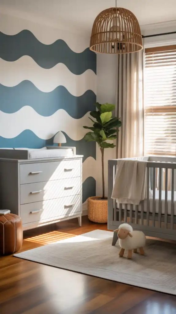 Woodland nursery with forest wall mural and crib