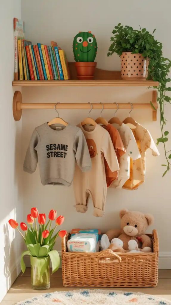 Jungle nursery with animal wall art and rattan crib